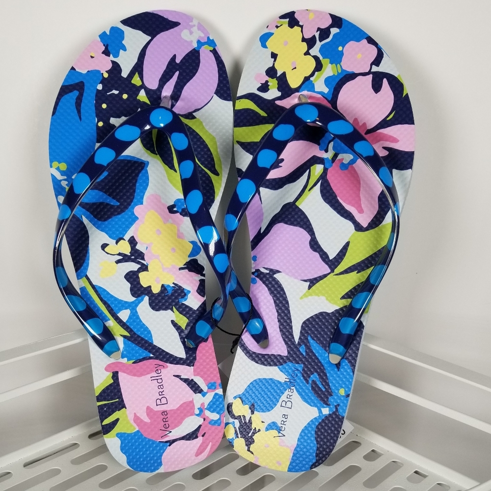 Vera Bradley Blue Floral Flip Flops with Polka-Dot Straps Size 7/8